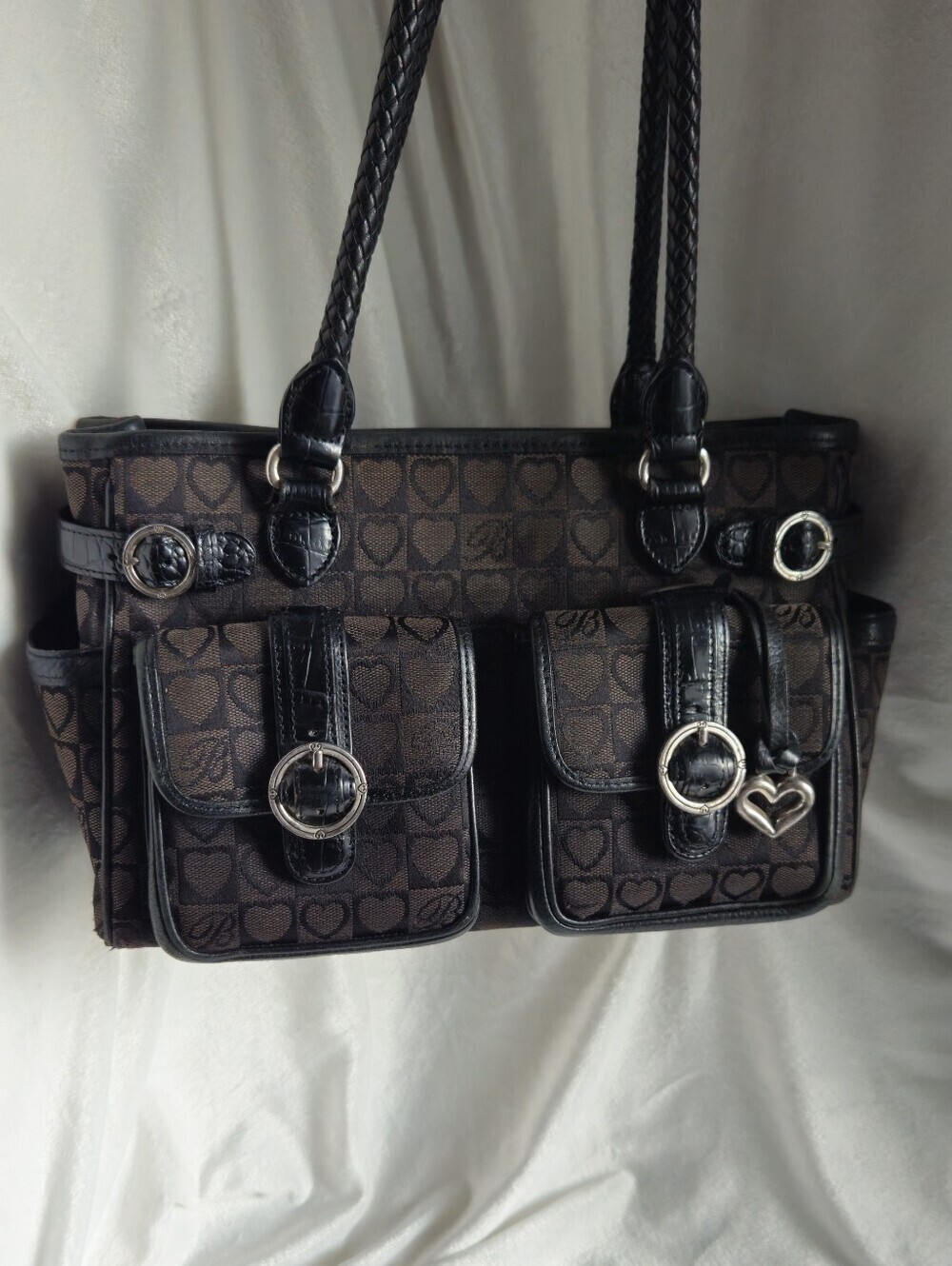 Brighton Vintage Black/Taupe Heart & Signature Shoulder Bag w/Pockets Accents